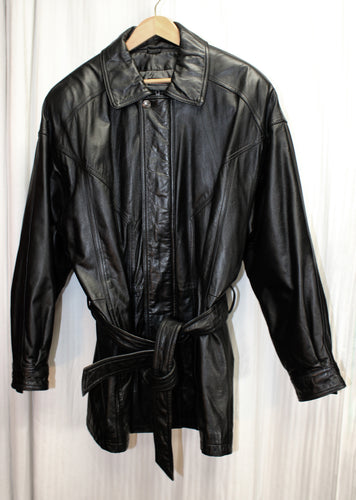 Men's Vintage - Wilson's Leather, Black Tie Belt Leather Jacket - Size M