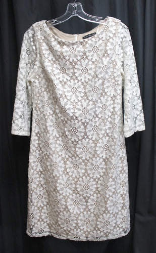 Jessica Howard - Crocheted Lace White Over Beige Lining, 3/4th Sleeve Shift Dress - Size 8