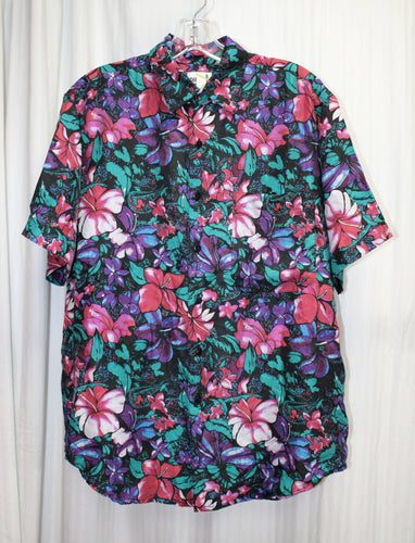 Men's Vintage 80's - On The Brink - 100% Silk, Colorful Tropical Floral Shirt - Size S