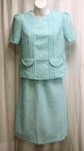 Vintage - Leslie Fay Petites - 2pc Robins Egg Blue Slub Knit Top & Skirt Set - Size 8 (Vintage, See Measurements 22