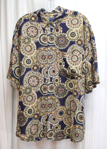 Men's Vintage - Cambridge Classics - Navy w/ Medallion Print Short Sleeve Shirt - Size L