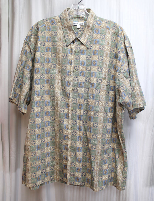Men's Vintage - Pierre Cardin - Tan, Blues & Green - Short Sleeve Button Up Tribal Starfish Shirt - Size XL