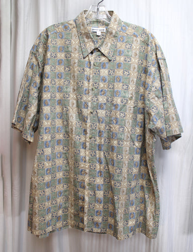 Men's Vintage - Pierre Cardin - Tan, Blues & Green - Short Sleeve Button Up Tribal Starfish Shirt - Size XL
