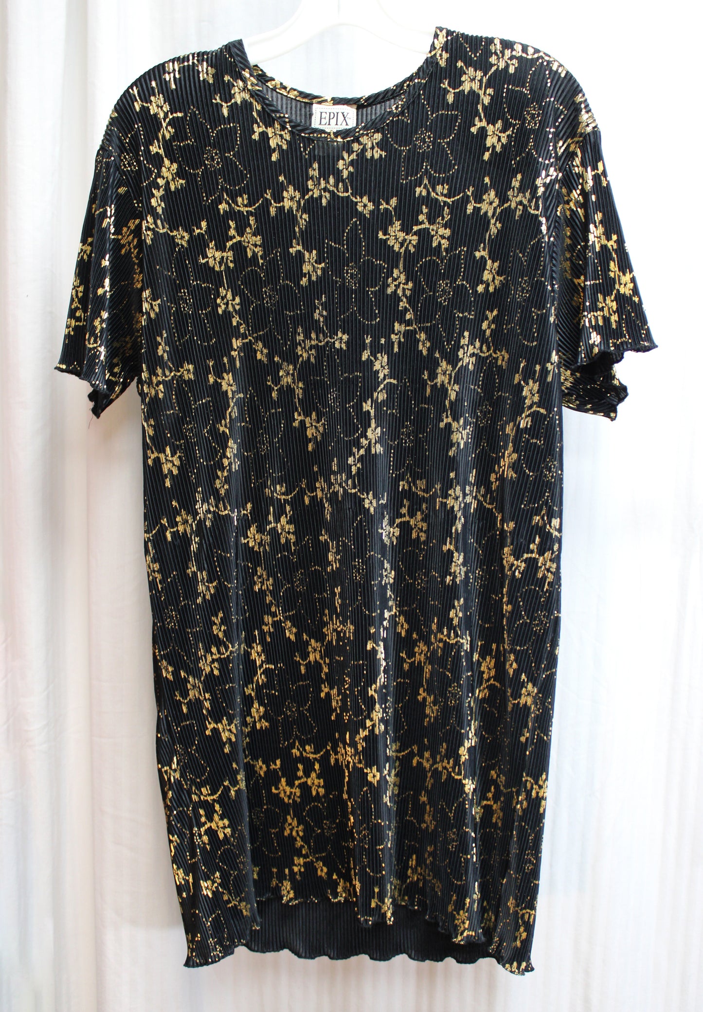 Vintage - Epix - Black& Gold Metallic Foil, Micro Pleated Tunic/ Mini Dress - One Size