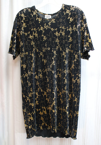 Vintage - Epix - Black& Gold Metallic Foil, Micro Pleated Tunic/ Mini Dress - One Size