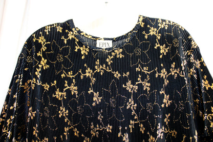 Vintage - Epix - Black& Gold Metallic Foil, Micro Pleated Tunic/ Mini Dress - One Size