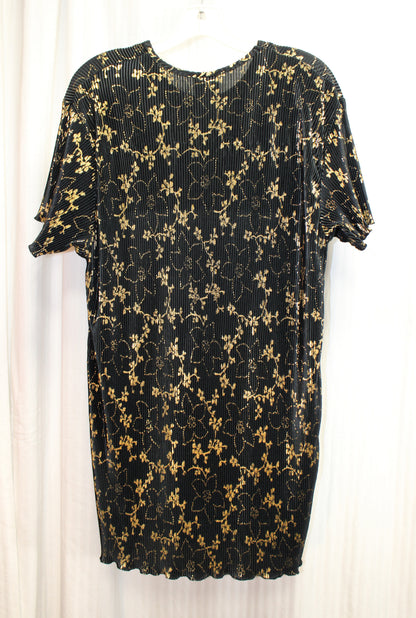 Vintage - Epix - Black& Gold Metallic Foil, Micro Pleated Tunic/ Mini Dress - One Size