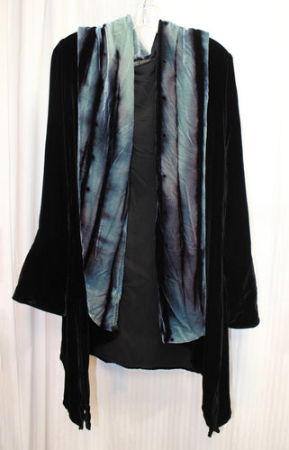 Vintage - Mark Thomas, Fine Textiles - Whimsy Goth Black & Blue Tie Dye Velvet Flowy Duster Jacket - Size M