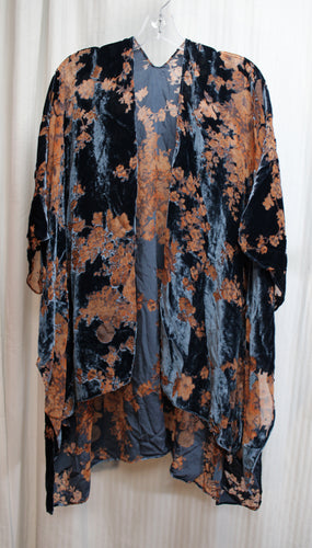 Lovestitch- Blue & Brown Burnout Floral Velvet Kimono - One Size