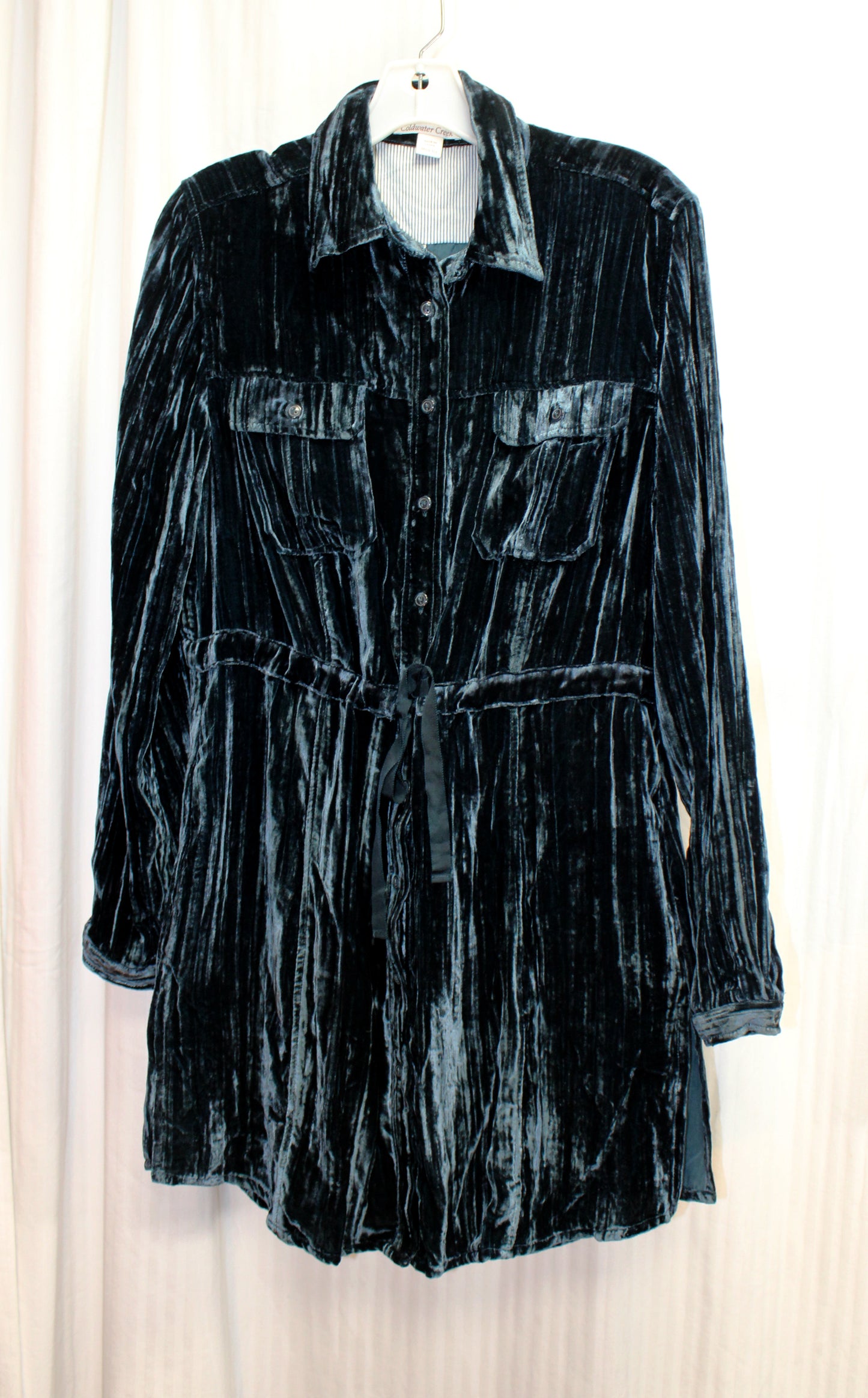 Coldwater Creek - Teal Blue Textured Velvet, Button Front Drawstring Waist Mini Dress - Size M