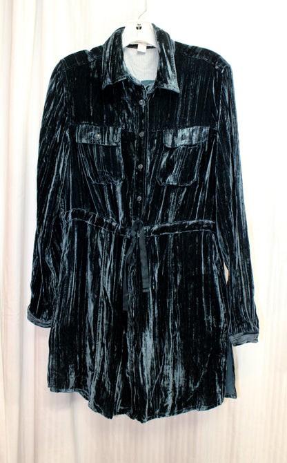 Coldwater Creek - Teal Blue Textured Velvet, Button Front Drawstring Waist Mini Dress - Size M