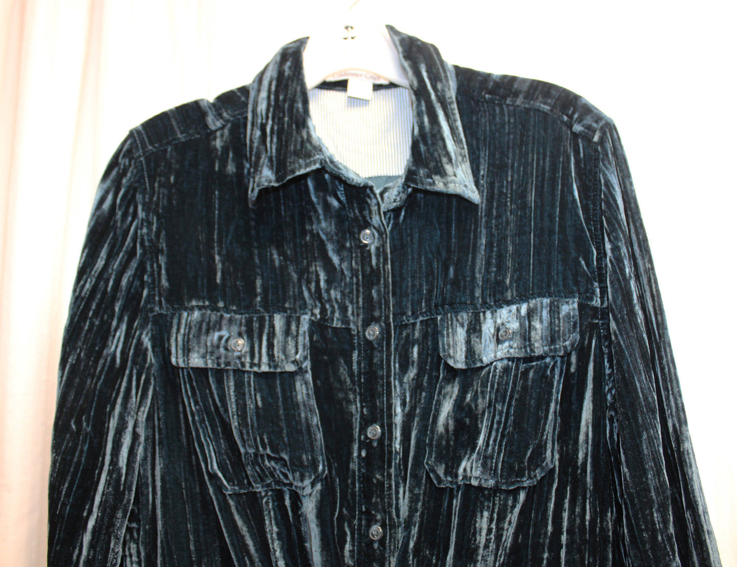 Coldwater Creek - Teal Blue Textured Velvet, Button Front Drawstring Waist Mini Dress - Size M