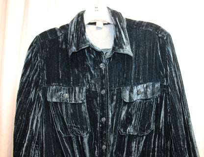 Coldwater Creek - Teal Blue Textured Velvet, Button Front Drawstring Waist Mini Dress - Size M