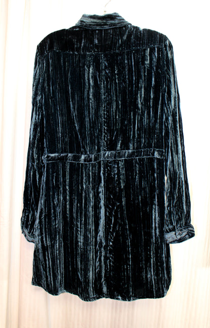 Coldwater Creek - Teal Blue Textured Velvet, Button Front Drawstring Waist Mini Dress - Size M