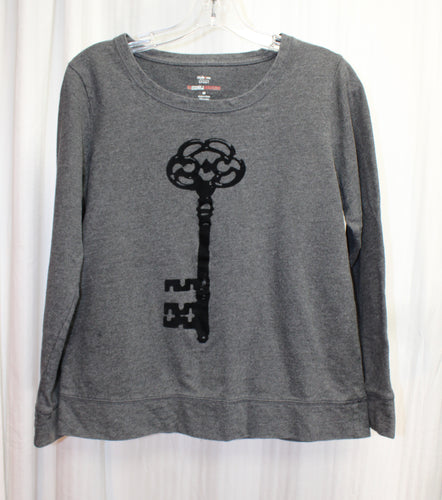 Style & Co. - Gray w/ Black Velvet Flocked Goth/Vintage Key, Pullover Sweatshirt - Size M