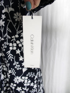 Calvin Klein - Navy & White Floral Fit & Flare Dress w/ Pockets and Short Tie Detail Sleeves - Size 12  (w/ TAGS)
