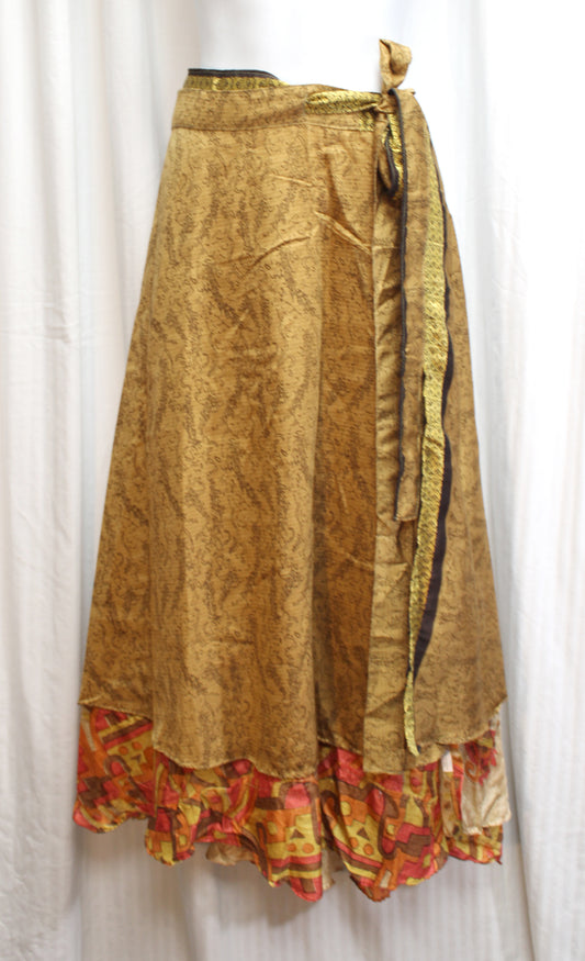 Exotic Print Reversible Silky Sari Fabric Wrap Skirt - 24-31" Waist