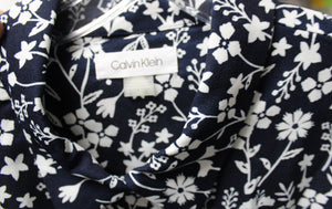 Calvin Klein - Navy & White Floral Fit & Flare Dress w/ Pockets and Short Tie Detail Sleeves - Size 12  (w/ TAGS)
