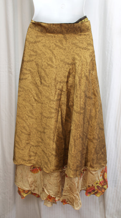 Exotic Print Reversible Silky Sari Fabric Wrap Skirt - 24-31" Waist