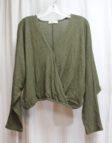 Jolie - Green Ribbed V-Neck Dolman Sleeve, Cropped Faux Wrap Sweater - Size 1XL