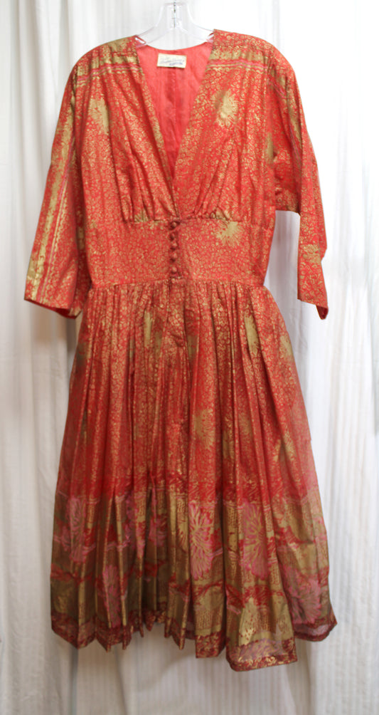 Vintage 50's/60's - Diana Dean Original - Exotic Red & Metallic Gold, Fit & Flare Dress - See Measurements 27" Waist