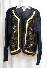 Load image into Gallery viewer, Corvelle - Black &amp; Gold Metallic Embroidered, Applique &amp; Bead Embellished Cardigan Sweater - Size L