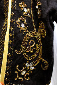 Corvelle - Black & Gold Metallic Embroidered, Applique & Bead Embellished Cardigan Sweater - Size L