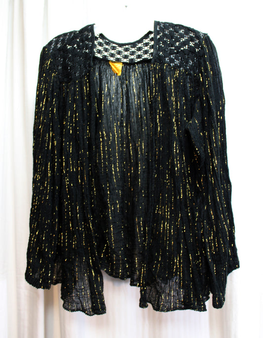 Vintage - Max Morgan, The Grecian Isles - Black w/ Copper Metallic Threads, Kimono Sleeve, Semi Sheer w/ Crocheted Yoke Cover Up - Size L (Approx, See Measurements)