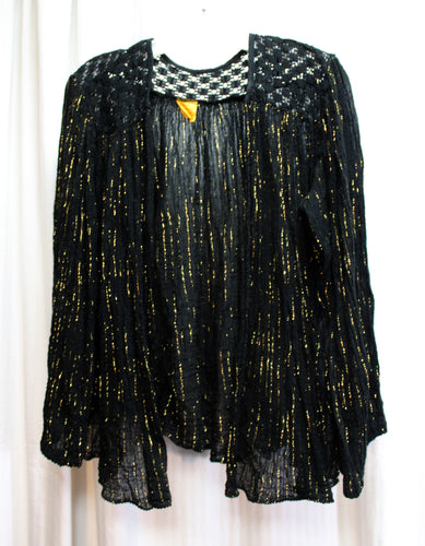 Vintage - Max Morgan, The Grecian Isles - Black w/ Copper Metallic Threads, Kimono Sleeve, Semi Sheer w/ Crocheted Yoke Cover Up - Size L (Approx, See Measurements)