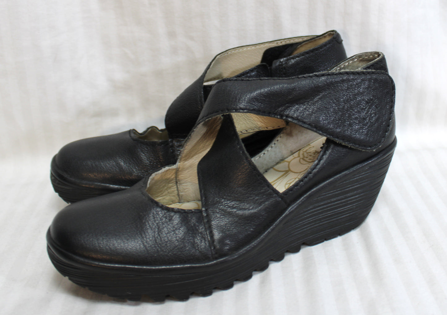 Fly London - Black Wedge Cross Front Mary Jane w/ Velcro Strap - Size Euro 42 (US 10)