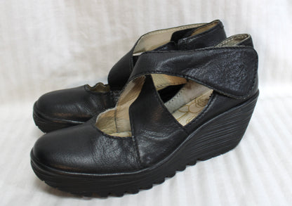 Fly London - Black Wedge Cross Front Mary Jane w/ Velcro Strap - Size Euro 42 (US 10)
