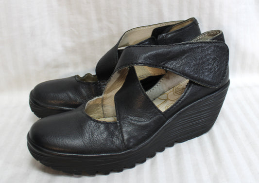 Fly London - Black Wedge Cross Front Mary Jane w/ Velcro Strap - Size Euro 42 (US 10)