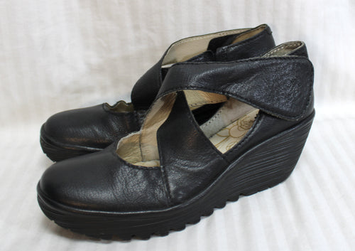 Fly London - Black Wedge Cross Front Mary Jane w/ Velcro Strap - Size Euro 42 (US 10)