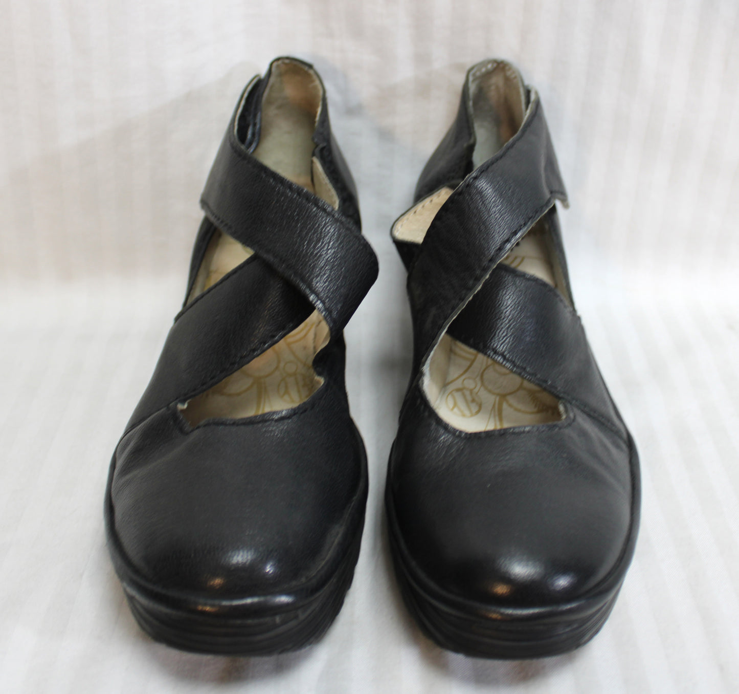 Fly London - Black Wedge Cross Front Mary Jane w/ Velcro Strap - Size Euro 42 (US 10)