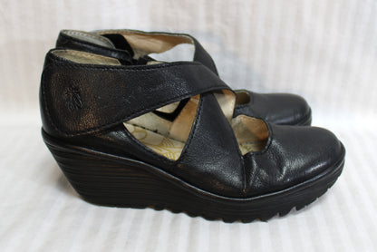 Fly London - Black Wedge Cross Front Mary Jane w/ Velcro Strap - Size Euro 42 (US 10)