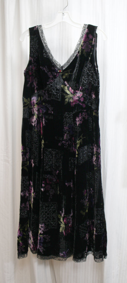 Vintage - Johnathan Martin Studios - Black & Purple Floral Burnout Silk Blend Velvet Sleeveless Dress - Size 8
