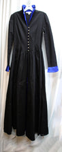Load image into Gallery viewer, Victorian Choice - Black w/ Blue Satin Collar, Cuffs &amp; Front Skirt Insert, Silver Button Bodice Dress - Size M