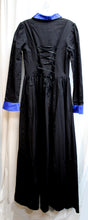 Load image into Gallery viewer, Victorian Choice - Black w/ Blue Satin Collar, Cuffs &amp; Front Skirt Insert, Silver Button Bodice Dress - Size M