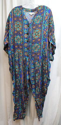 Vintage 80's/90's- Gina - Blue, Teal & Brown Filigree Bohemian Print, Oversized Baggy w/ tapered Leg Jumpsuit - Size L