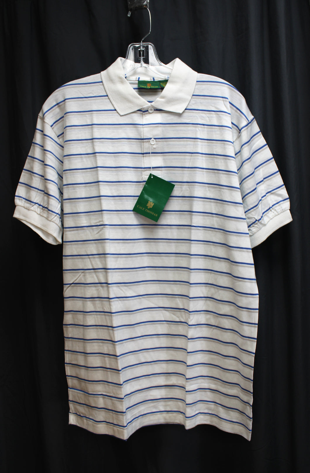Men's Vintage - Short Sleeve White w/ Blue & Gray Stripe Polo Shirt - Size XL - Deadstock w/ Tags