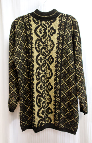 Vintage - Dana Scott - Black & Metallic Gold Mock Neck Tunic Sweater - Size L