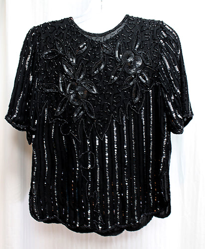 Vintage - Mark & John II - 100% Silk, Black Beaded & Sequined Top - Size Petite (See Measurements 15