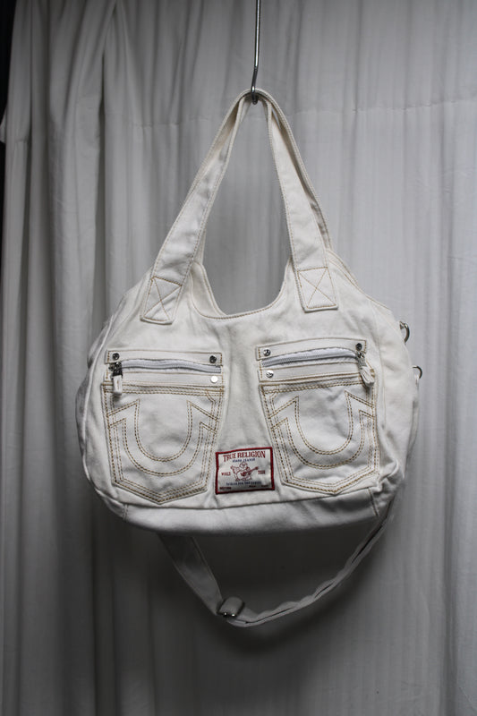 True Religion - White Denim Horseshoe Stitch Satchel Bag