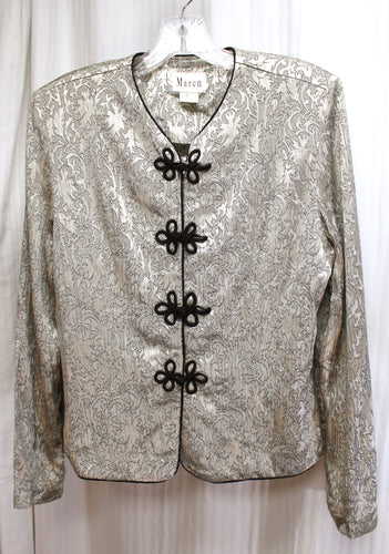 Vintage - Maren - Silver & Gray Jacquard  Jacket w/ Hidden Buttons & Black Frog Closures & Piping - Size 10 (Vintage)