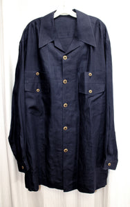 Men's Vintage - Drop Dead Collection by R. Finley -  2 PC, Navy Blue Linen, X-Long & Slouchy Shirt & Pants w/ Unique Buttons (SEE MEASUREMENTS- 36" Unstretched Waist)