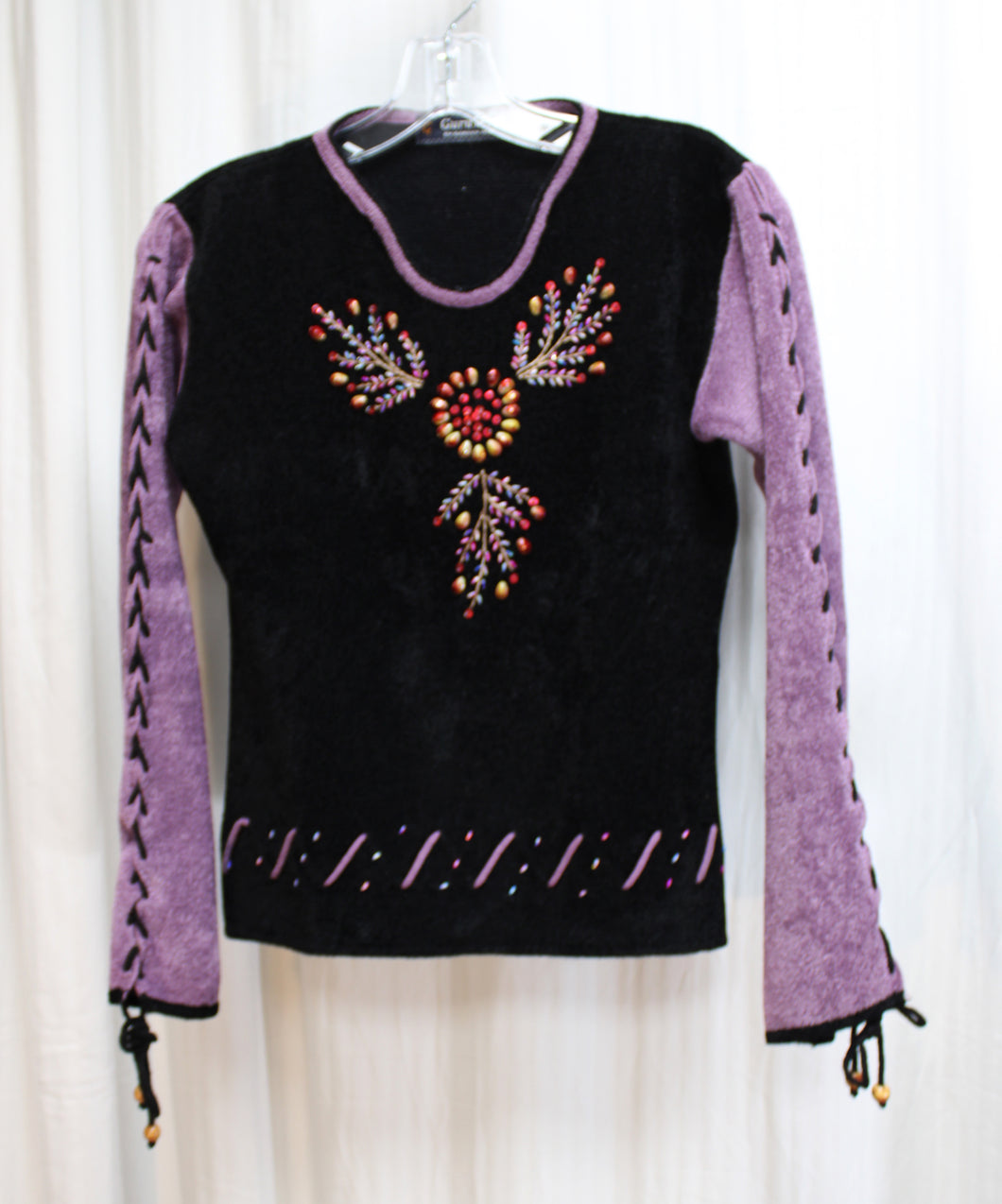 Vintage - Guru Mya by Garden Hosy - Black & Purple Chenille w/ Contrast Lace up Sleeves, Beaded & Embroidered Long Sleeve Top - Size (See Measurements 15.5