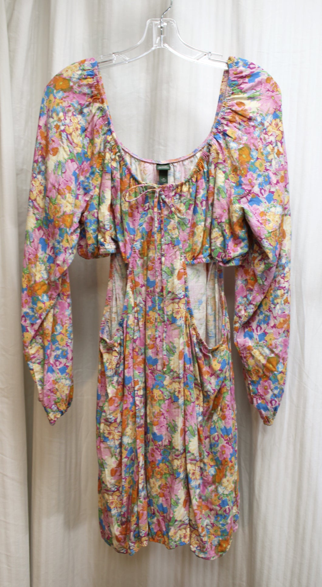 Wild Fable - Long Sleeve Scoop Neck, Peek-a-Boo SIdes Water Color Floral Rayon/Linen Mini Dress - Size 2X