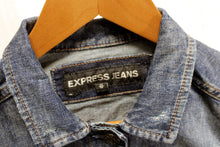Load image into Gallery viewer, Express Jeans - Denim Jacket w/ Contrast Silver &amp; Black Metallic Foil Fleck Sleeves - Size XS