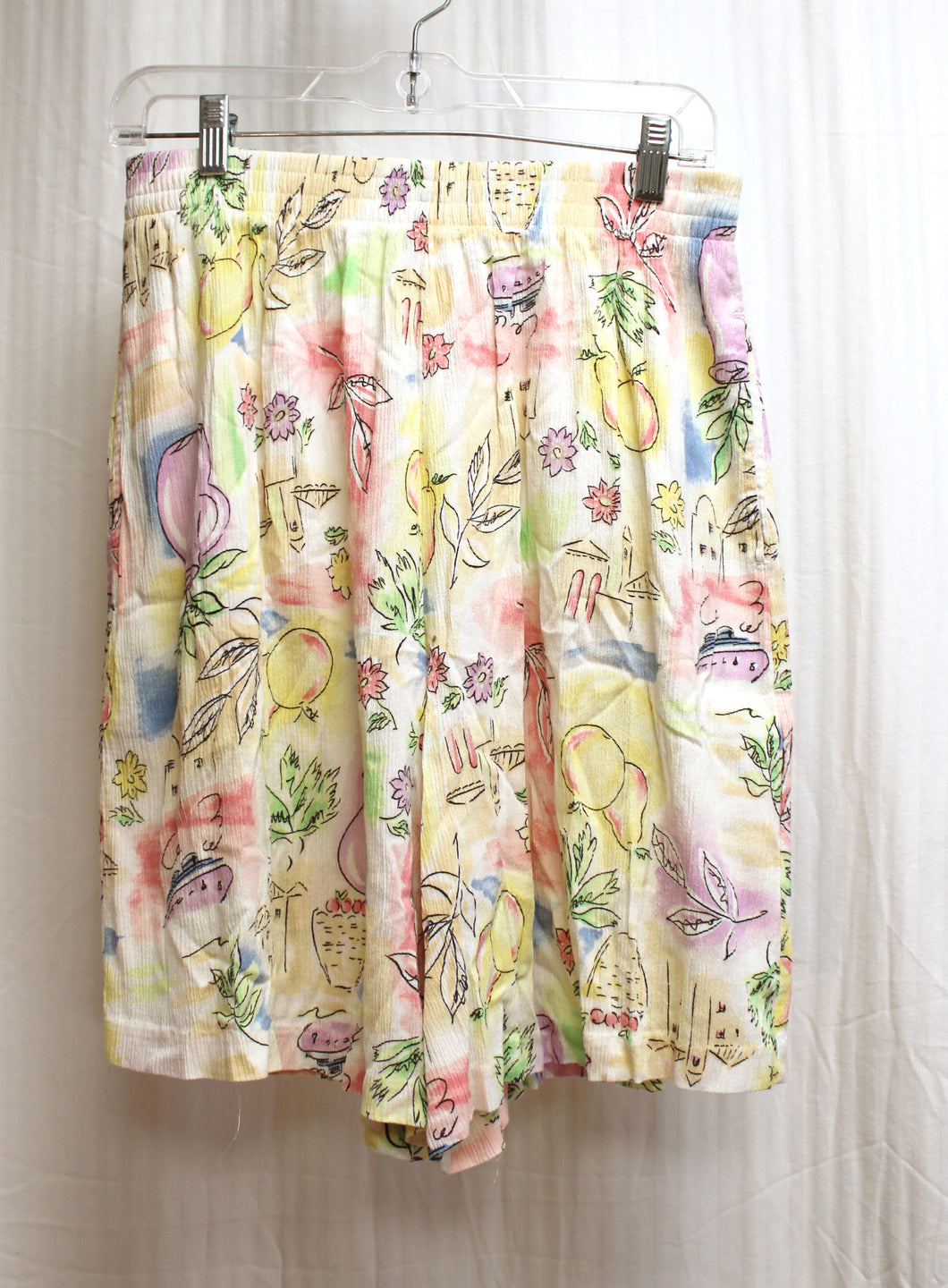 Vintage - Koret Francisca - Flowy Water Color w/ Line Drawing Print Shorts - 27