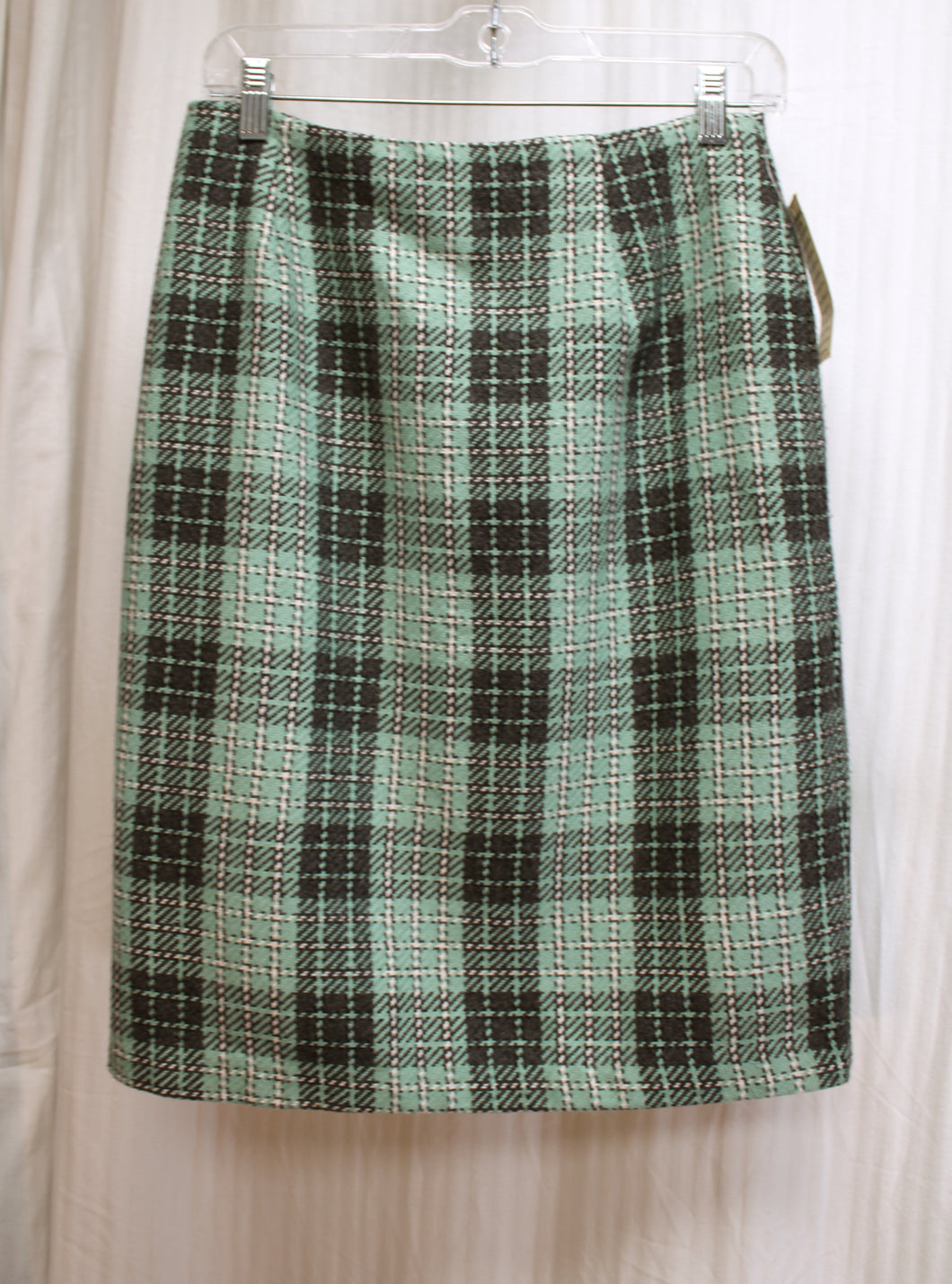 Vintage (Deadstock w/ Tag) - Jessica Scott - Mint Green & Gray Plaid Wool Blend Pencil Skirt - Size 10